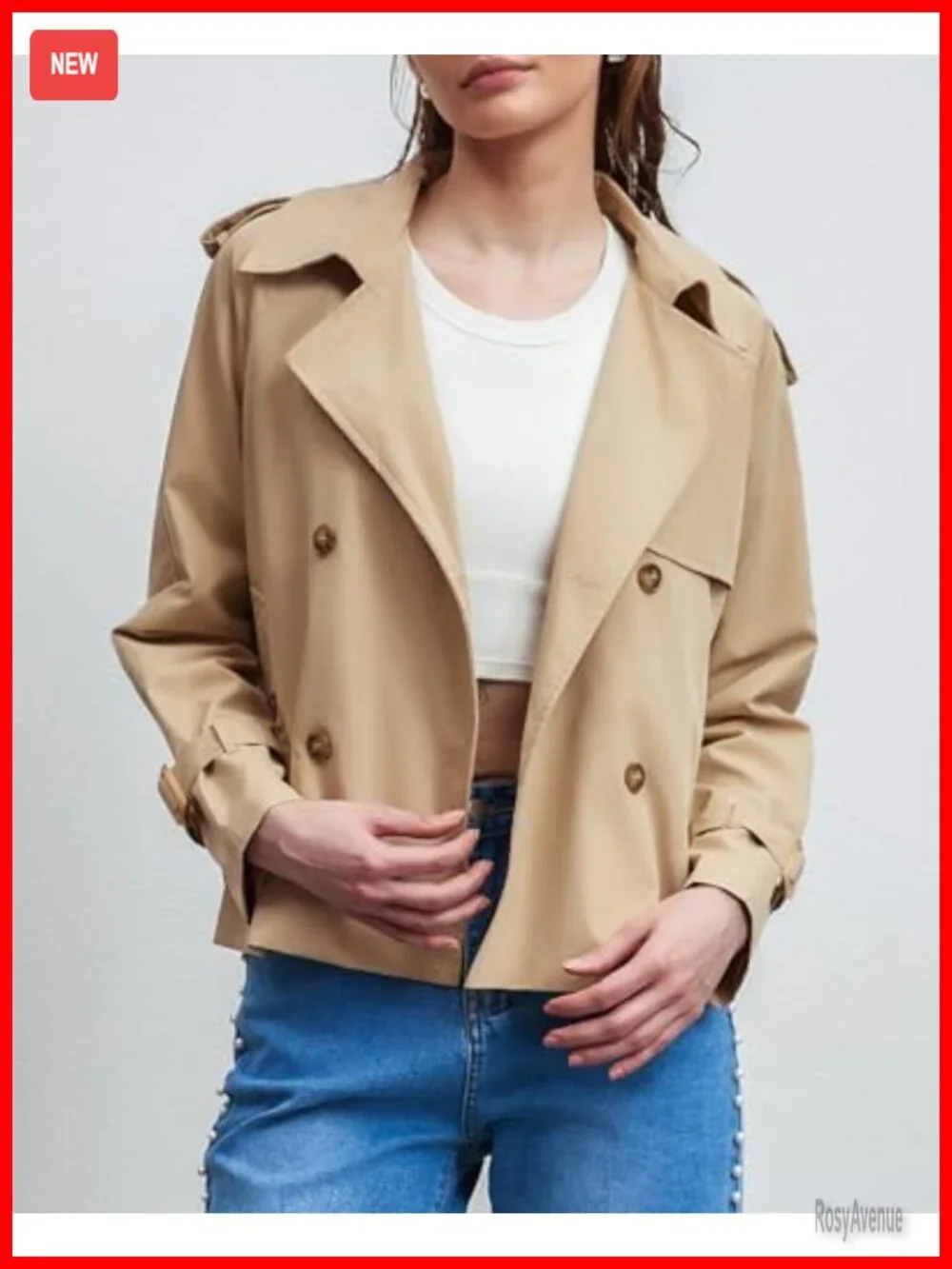 Cropped Trench Coat Double Breasted Notched Lapel Belted Cuffs